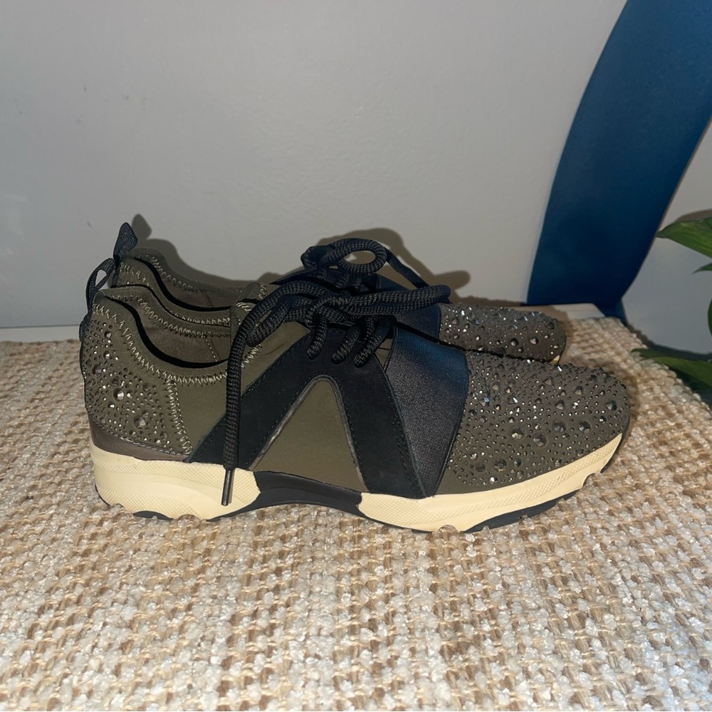 Carvela Janeiro Crystal Embellished Olive Green Black Knit Trainers Shoes 38.5